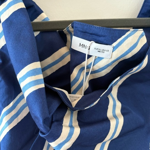 Mango Tie Shoulder 100% Cotton Striped Print Gathered Waist Side Slit Dress NWT - Picture 13 of 13